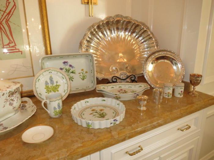 Large Silverplated Shell Server; Pair of Graduated Sterling Plates; and a lovely Havilland Limoges Dessert Set.