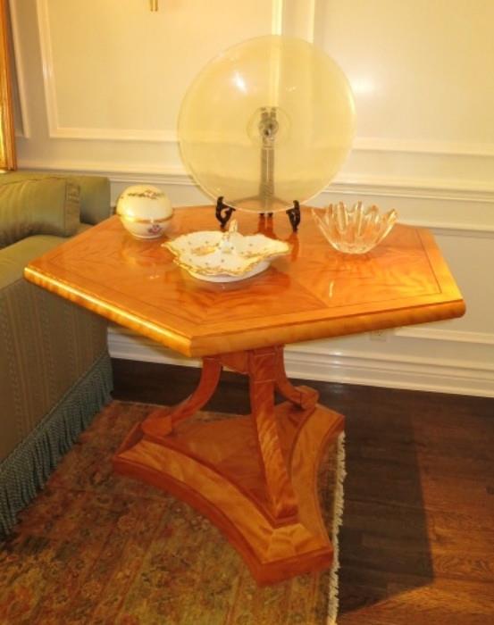 An Hexagonal Beidermeier-Style Center Table with Banded Top; an Orrefors Free Form Bowl, and a Large Italian Glass Charger.