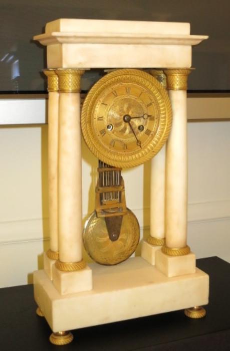 Antique French White Marble Column Mantel Clock