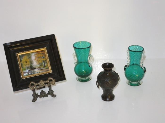 Miniature Plein Air Painting on Porcelain; pair of small Italian Bud Vases; small Antique Chinese Bronze Bud Vase