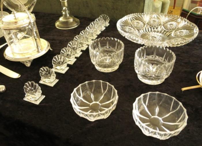 A set of 11 Baccarat Shell Place Card / Menu Holders with small  Baccarat Crystal Bowls
