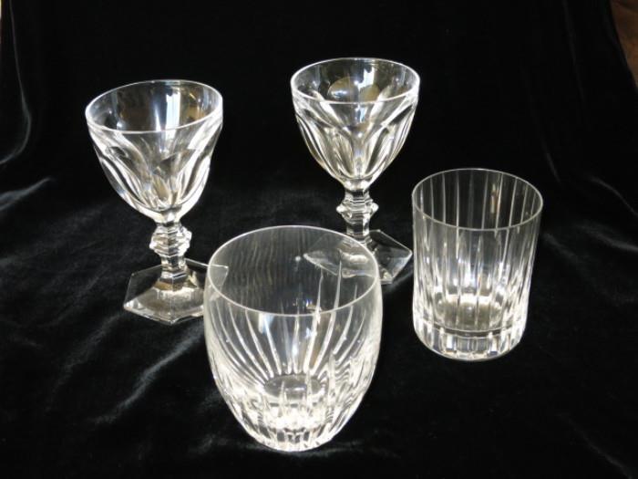 Pair of Baccarat Crystal Goblets with two different sets of Baccarat Crystal Bar Glasses