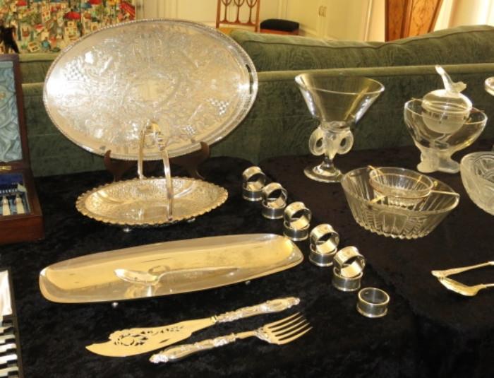 Various Silver Serving Pieces and a set of 11 Silver-plated Monogrammed Napkin Rings.