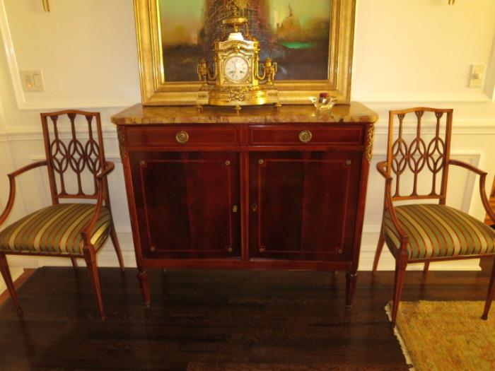 A Late-19th. C. Louis XV-Style Marble-Top Commode with a Fine 19th. C. Gilt Bronze Mantle Clock; a pair of English Regency-Style Mahogany Armchairs (with Four Side Chairs).