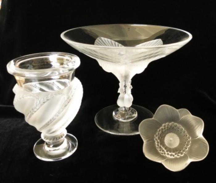 Lalique "Ermonville" Vase, "Virginia" Compote, and "Anemone" Blossom (one of five)