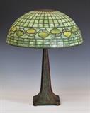 Lot #4: Tiffany Studios Leaded Glass Parlor Lamp
 with 14" acorn shade 17" high "Chinese Pattern" base, model #535 both shade and base signed