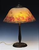 Lot#12: Reverse Painted Table Lamp
 16" reverse painted chipped ice shade decorated with poppies early 20th century