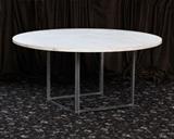 Lot#32: Paul Kjaerholm Dining Table
 model PK-54 with flint rolled marble top with square chrome plated steel base  stamped by . Kold Christensen, Denmark, 55" diameter, 25 1/2" high maple leaves extend to 84",  circa 1965