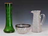lot66: Victorian Glass Group
 16" Bohemian etched glass vase together with 11 1/2" cut glass pitcher and bowl with sterling silver rim by Gorham early 20th century 