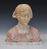 lot 79: Italian Alabaster Bust
 of a maiden 14 1/4" high inscribed on back E. Castellucci late 19th century