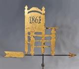 lot 111: American Trade Sign Weather Vane
 sheet brass with original gold leaf and iron piping 77" wide, 72" high circa 1900 from Lambert Chair Co., St. Louis, MO the date celebrates the founding of the company