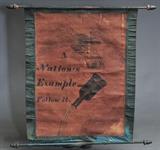 lot 110: American Temperance Banner
 A Nation's Example- Follow It depicting an eagle over a spilling bottle of liquor  36" x 44" overall of textile painted oil cloth with green silk border circa 1860