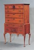 lot 117: Queen Anne Maple Hiboy
 with fan carved drawer 35 3/4" case width, 64 1/4" high 18th century