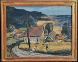 lot 127: Continental School
 Village Street Scene 14" x 16" tempura on paper together with Group of Figures on The Coast  15" x 19" tempura on paper the smaller signed indistinctly lower right early 20th century