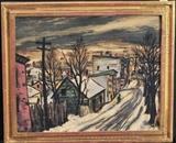 Continental School
 Village Street Scene 14" x 16" tempura on paper together with Group of Figures on The Coast  15" x 19" tempura on paper the smaller signed indistinctly lower right early 20th century