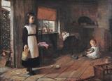 Lot 128: Harry Brooker, Kitchen Interior with Children 20" x 27" oil on canvas signed lower right and dated 1880