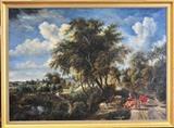 lot 131: Dutch School
 Landscape with Cows and Village 36" x 50" oil on canvas mounted apparently unsigned