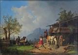 lot 135: Heinrich Burkel
 After The Hunt 12 1/2" x 17 1/2" oil on panel signed lower right