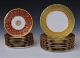 lot 164: Two Sets of Royal Doulton Plates
 12 service plates with gilt and embossed borders,  10 1/2" diameter together with 12 dessert plates with crimson borders with gilt enameling, 9" diameter