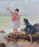 lot 185: Charles J. A. Escudier
 Children Fishing At The Shore 26" x 21 1/2" oil on canvas signed lower right