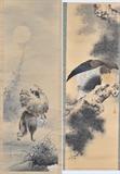 lot 211: Pair of Japanese Scrolls
 Raccoon in the Moonlight and Hawk each 16" x 50" (image) early 20th century