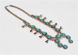 lot 244: Navajo Squash Blossom Necklace
 sterling silver with dyed turquoise 21" long 3rd quarter 20th century