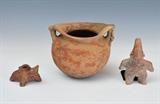 lot 241: Pre Columbian Pot
 with figural handles, 5 3/4" diameter together with 4" figural pendant or fetish and 3" animal form vessel