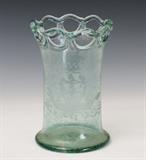 lot 339: Blown Glass Vase
 with etched ship and looped rim 9 1/2" high