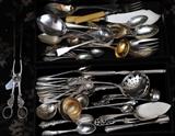 lot 344: Group of Silver Flatware and Serving Pieces
 43.5 troy ounces weighable sterling plus coin silver and silver plate including Sheffield tongs