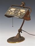 lot 266: Cast Brass Desk Lamp
 with overlay shade 14 1/2" high early 20th century