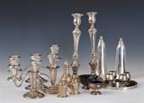 lot 348: Group of Sterling Silver Tableware
 including Gorham candle sticks and cordial set mostly weighted