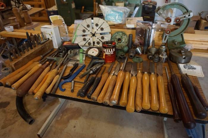 Wood turning tools and lathe parts. Several Robert Sorby tools