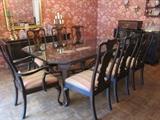 Chinese Chippendale style dining table with glass top and 8 Queen Anne style Chinoiserie chairs