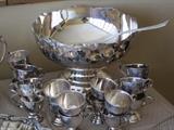 Silver-plate punch bowl with 14 cups and ladle