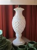Vintage milk glass table lamp with handmade silk shade