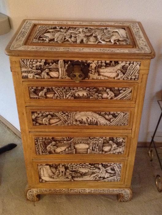 Carved Asian chest - top lifts up, has 4 drawers below (19" wide  x 12.5" deep x 29.5" tall)