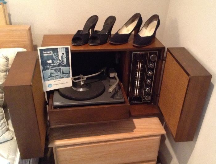 GE console phonograph (Model D265) - it folds closed. Vintage shoes, size 7.