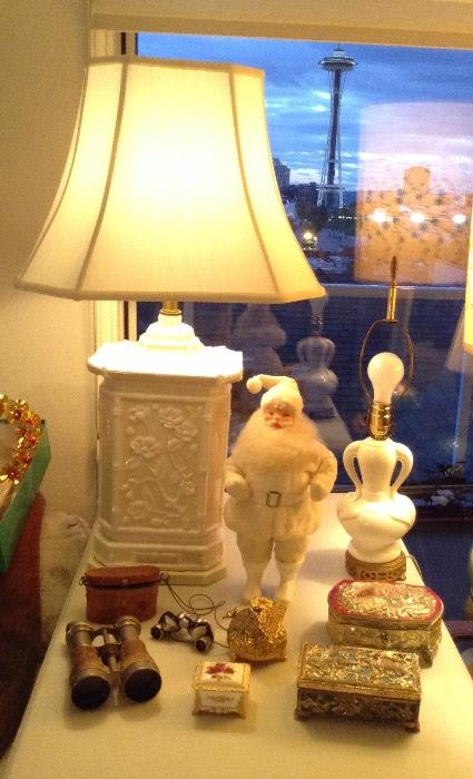 Stylish vintage lamps, 14" tall Harold Gale white Santa doll, vintage binoculars including Chevalier Paris pair & Mikron 6x pair (Japan),  Occupied Japan metal jewelry boxes with keys, music boxes