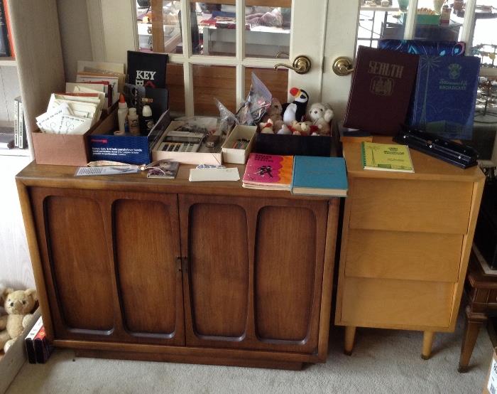 Mod TV cabinet (guts removed), blonde 3 drawer chest or nightstand, greeting cards, office supplies, vintage yearbooks 