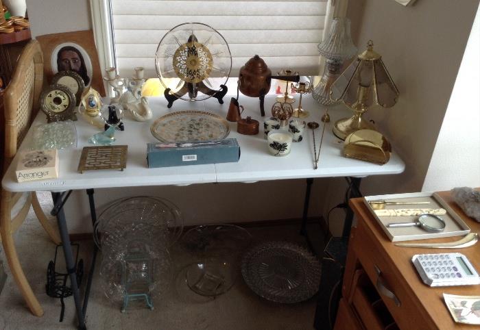 Glass serving plates & platters, George Briard plate, copper & brass accessories, brass "touch" lamp