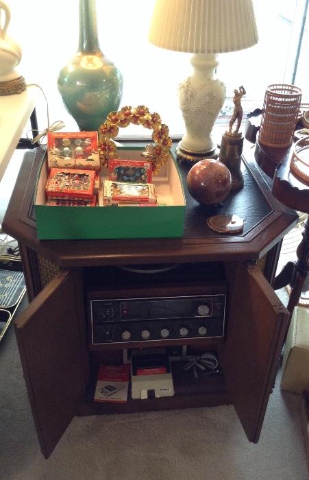 Octagonal Magnavox console stereo with turntable & 8 track player, vintage feather tree Xmas ornaments in original boxes (made in Japan), polished stone orb, 1946 golf trophy, more vintage table lamps 