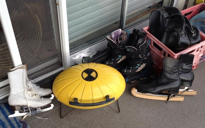 Womens ice skates (size 6), mens ice skates (size 10.5), K2 roller blades (size 6.5), awesome egg-shaped yellow "Electric Char-B-Que" (grill)