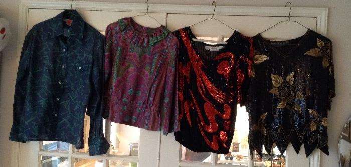 Cool nylon shirt with skiers, Vera blouse, sparkly sequined tops (red & black one is by Oleg Cassini)