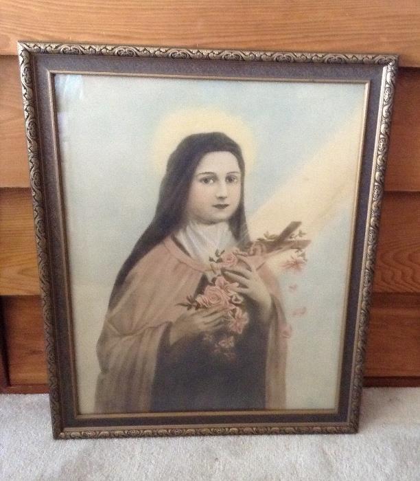 Large vintage print of St. Therese of Lisieux in lovely gilt frame (18" x 22")