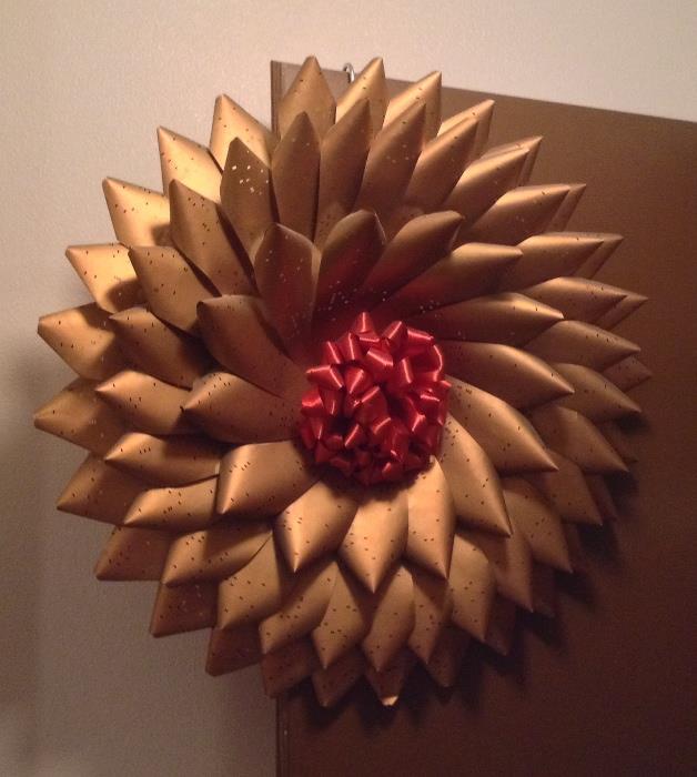One-of-a-kind Christmas wreath - made from computer punch cards folded & spray painted gold