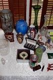 Midcentury pottery and glass vase, vintage barometer, Asian vases, tabletop clocks, figurines, and crystal decanters