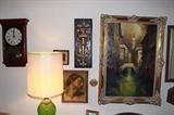 Large Venetian oil painting and miscellaneous art + clocks