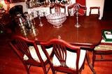 Antique dining room table with six chairs from Lenoir, North Carolina made by "Lenoir Furniture Collection" with oil lamps and Towle 24% lead crystal punch bowl