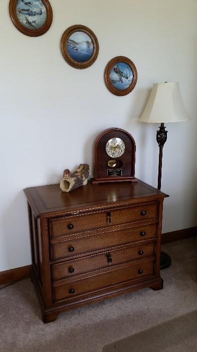 Lateral file cabinet, collectors plates, lamp, clock