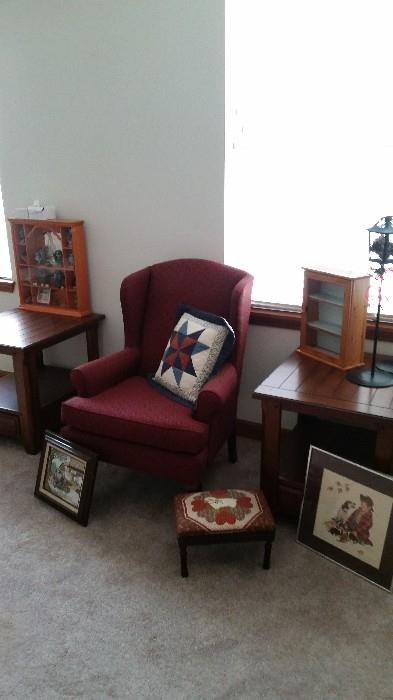 Wing back chairs (2), WOO, display case, footstool